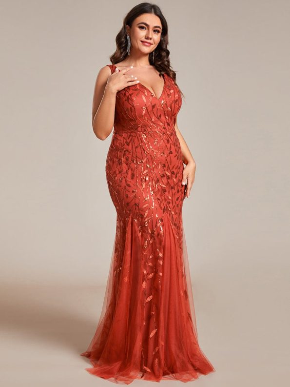 Plus Size Double V-Neck Fishtail Sequin Formal Maxi Evening Dress - Burnt Orange