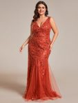 Plus Size Double V-Neck Fishtail Sequin Formal Maxi Evening Dress – Burnt Orange