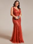 Plus Size Double V-Neck Fishtail Sequin Formal Maxi Evening Dress – Burnt Orange