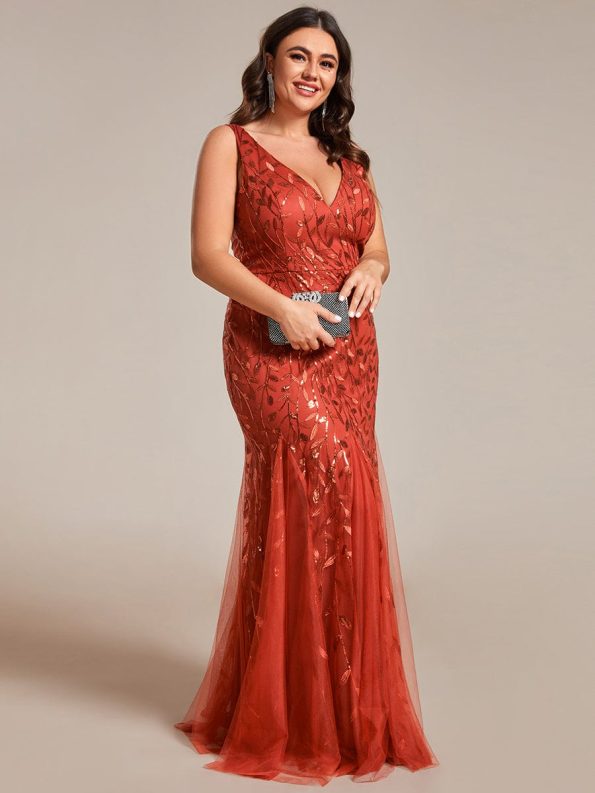 Plus Size Double V-Neck Fishtail Sequin Formal Maxi Evening Dress - Burnt Orange