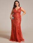 Women’s Double V-Neck Fishtail Sequin Evening Dress – Burnt Orange