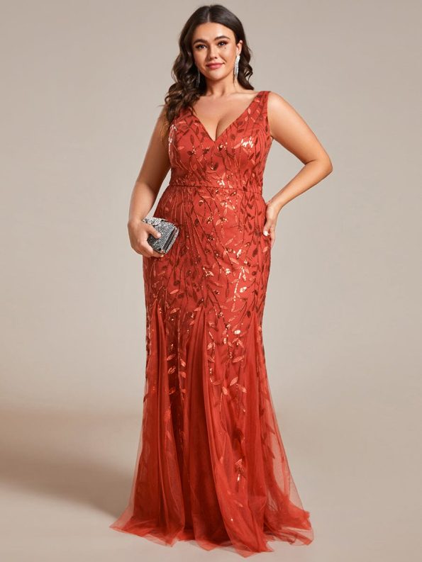 Women's Double V-Neck Fishtail Sequin Evening Dress - Burnt Orange