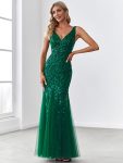 Women’s Double V-Neck Fishtail Sequin Evening Dress – Dark Green