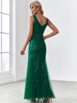 Women’s Double V-Neck Fishtail Sequin Evening Dress – Dark Green