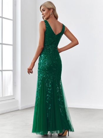 Women's Double V-Neck Fishtail Sequin Evening Dress - Dark Green