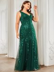 Plus Size Double V-Neck Fishtail Sequin Formal Maxi Evening Dress – Dark Green