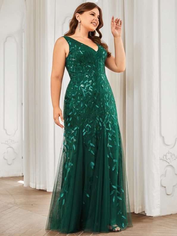 Plus Size Double V-Neck Fishtail Sequin Formal Maxi Evening Dress - Dark Green