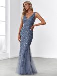 Women’s Double V-Neck Fishtail Sequin Evening Dress – Dusty Navy