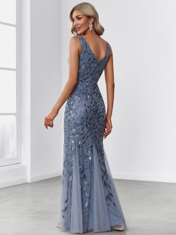 Women's Double V-Neck Fishtail Sequin Evening Dress - Dusty Navy