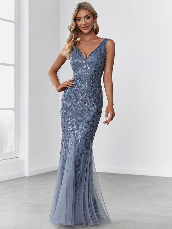 Women's Double V-Neck Fishtail Sequin Evening Dress - Dusty Navy