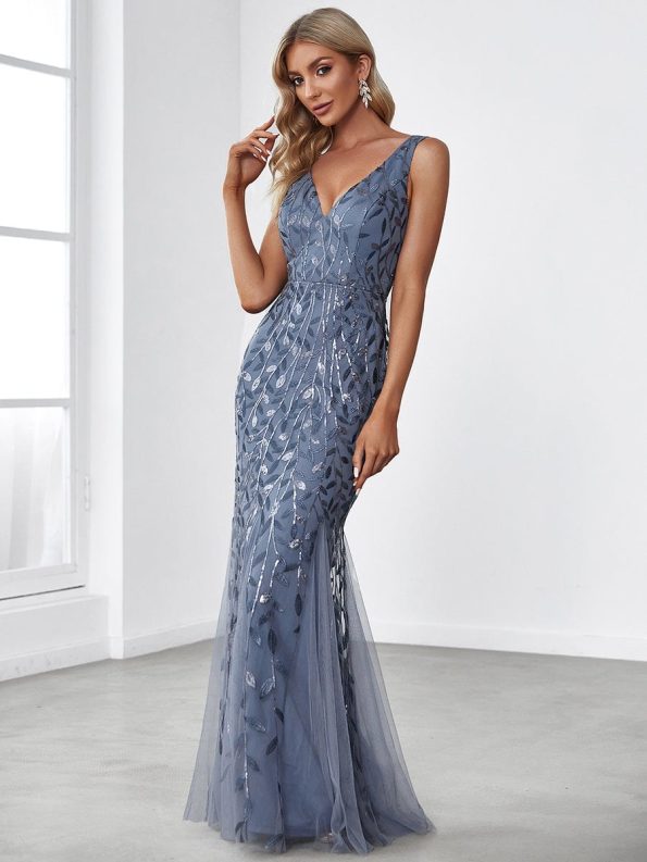 Women's Double V-Neck Fishtail Sequin Evening Dress - Dusty Navy