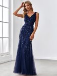 Women’s Double V-Neck Fishtail Sequin Evening Dress – Navy Blue