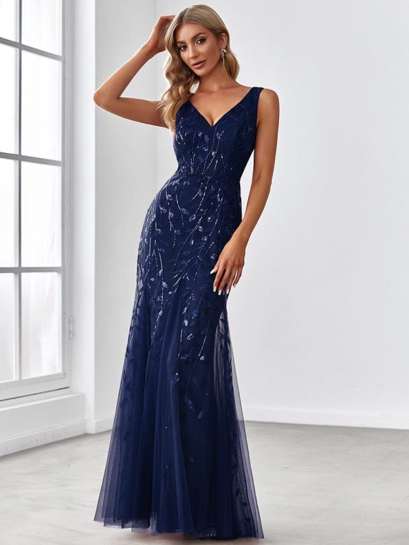 Women's Double V-Neck Fishtail Sequin Evening Dress - Navy Blue