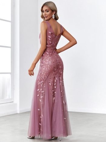 Women's Double V-Neck Fishtail Sequin Evening Dress - Purple Orchid