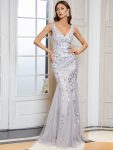 Women’s Double V-Neck Fishtail Sequin Evening Dress – Silver