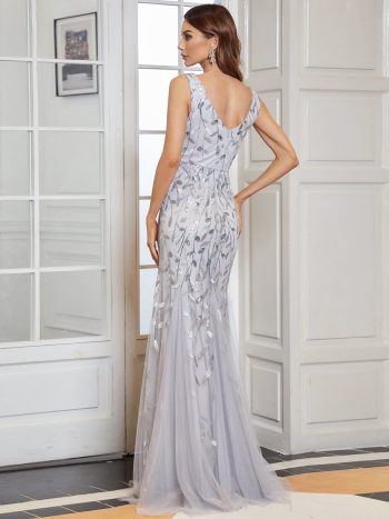 Women's Double V-Neck Fishtail Sequin Evening Dress - Silver