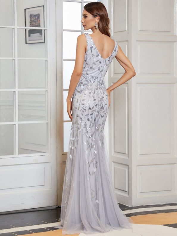 Women's Double V-Neck Fishtail Sequin Evening Dress - Silver