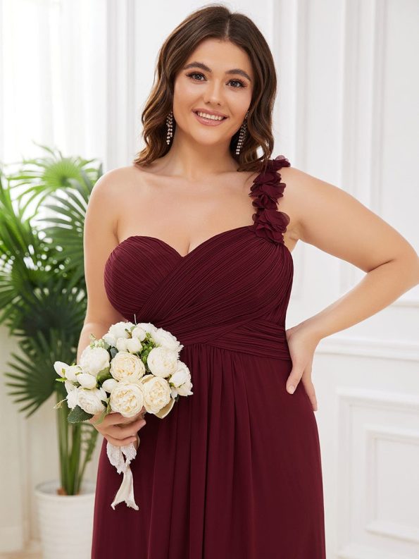 Sweet Pleated Bodice One Shoulder Chiffon Bridesmaid Dress - Burgundy