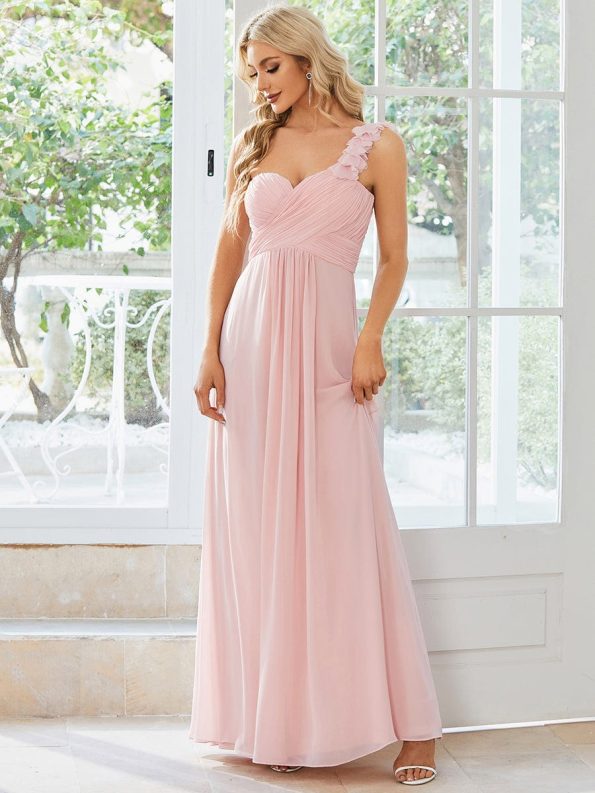 Sweet Pleated Bodice One Shoulder Chiffon Bridesmaid Dress - Pink