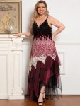 Plus Size V Neck Asymmetrical Hems Cocktail Dresses – Burgundy