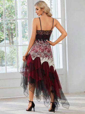 Women's V Neck Multi Color Asymmetrical Hems Prom Dress - Burgundy