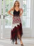 Women’s V Neck Multi Color Asymmetrical Hems Prom Dress – Burgundy