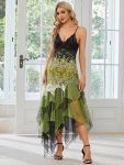 Women’s V Neck Multi Color Asymmetrical Hems Prom Dress – Green