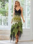 Women’s V Neck Multi Color Asymmetrical Hems Prom Dress – Green