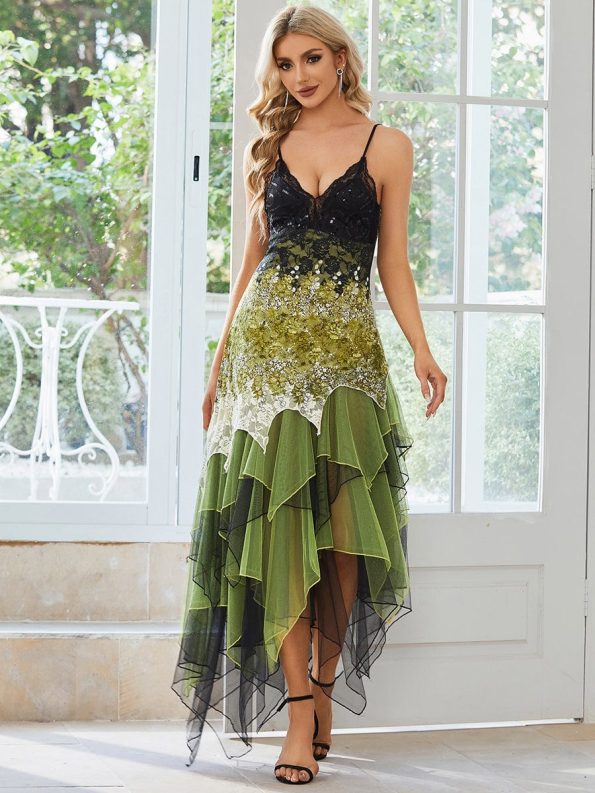 Women's V Neck Multi Color Asymmetrical Hems Prom Dress - Green