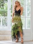 Women’s V Neck Multi Color Asymmetrical Hems Prom Dress – Green