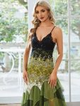 Women’s V Neck Multi Color Asymmetrical Hems Prom Dress – Green