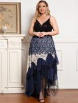 Plus Size V Neck Asymmetrical Hems Cocktail Dresses - Navy Blue