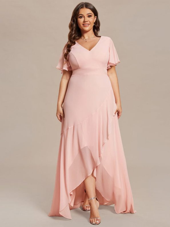 Plus Size Elegant Lotus Sleeves Chiffon Bridesmaid Dress - Pink