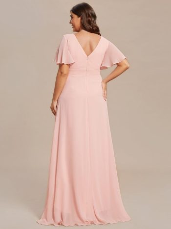 Plus Size Elegant Lotus Sleeves Chiffon Bridesmaid Dress - Pink