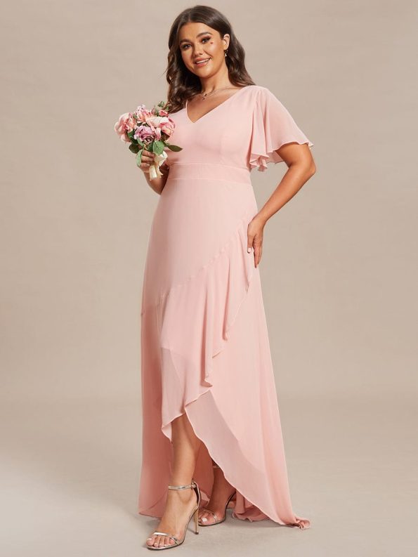 Plus Size Elegant Lotus Sleeves Chiffon Bridesmaid Dress - Pink