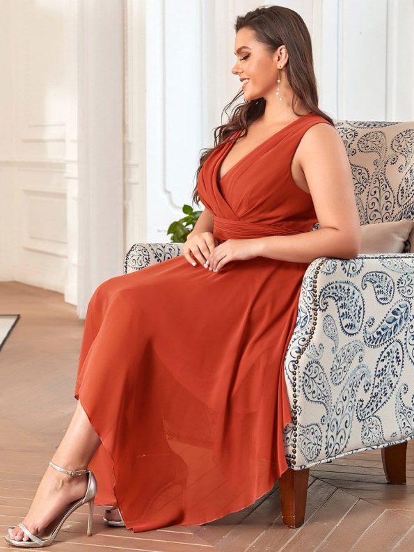 Plus Size Double V Neck Ruched-Waist Midi Chiffon Bridesmaid Dress - Burnt Orange