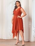 Plus Size Double V Neck Ruched-Waist Midi Chiffon Bridesmaid Dress – Burnt Orange