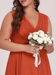 Plus Size Double V Neck Ruched-Waist Midi Chiffon Bridesmaid Dress – Burnt Orange