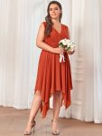 Plus Size Double V Neck Ruched-Waist Midi Chiffon Bridesmaid Dress – Burnt Orange