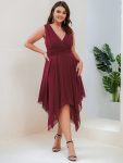 Plus Size Double V Neck Ruched-Waist Midi Chiffon Bridesmaid Dress – Burgundy