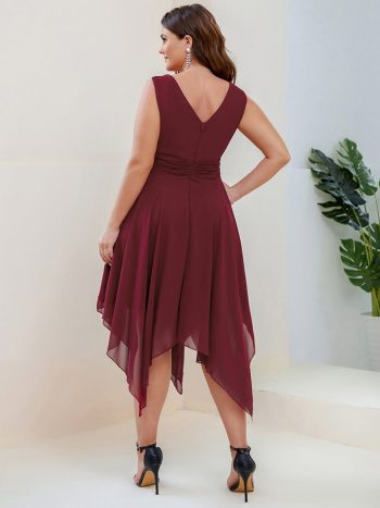 Plus Size Double V Neck Ruched-Waist Midi Chiffon Bridesmaid Dress - Burgundy