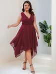 Plus Size Double V Neck Ruched-Waist Midi Chiffon Bridesmaid Dress – Burgundy