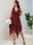 Plus Size Double V Neck Ruched-Waist Midi Chiffon Bridesmaid Dress – Burgundy