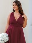 Plus Size Double V Neck Ruched-Waist Midi Chiffon Bridesmaid Dress – Burgundy