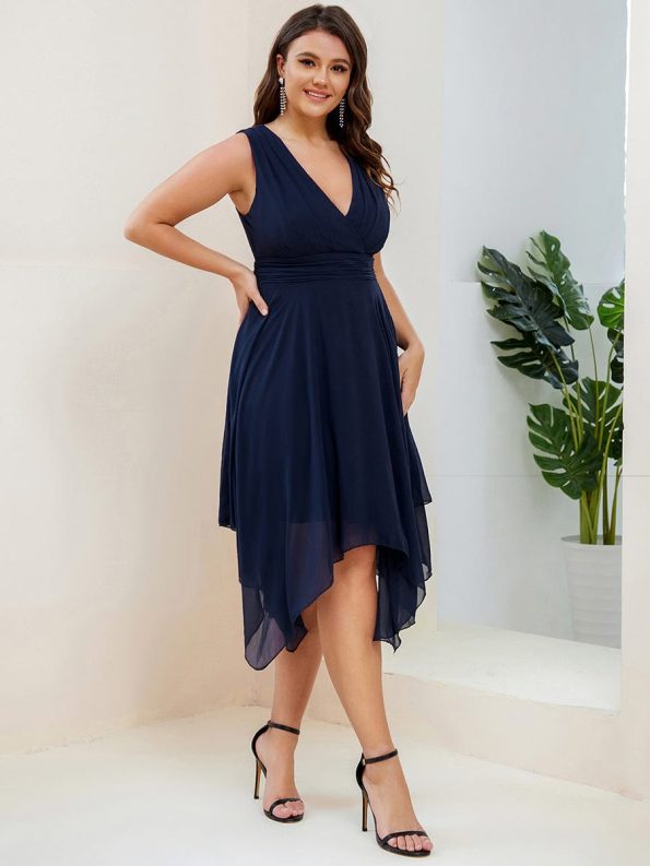 Plus Size Double V Neck Ruched-Waist Midi Chiffon Bridesmaid Dress - Navy Blue