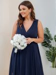 Plus Size Double V Neck Ruched-Waist Midi Chiffon Bridesmaid Dress – Navy Blue