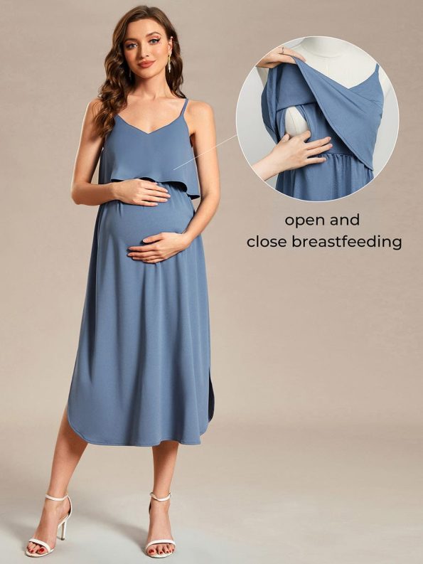 Airy Adjustable Spaghetti Straps Knee-Length A-Line Maternity Dress - Dusty Navy