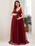 Plus Size Double V-Neck Lace Bodice Long Flowy Maternity Dress – Burgundy