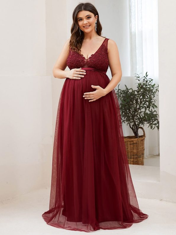 Plus Size Double V-Neck Lace Bodice Long Flowy Maternity Dress - Burgundy