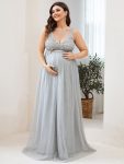 Double V-Neck Lace Bodice Long Flowy Maternity Dress – Grey